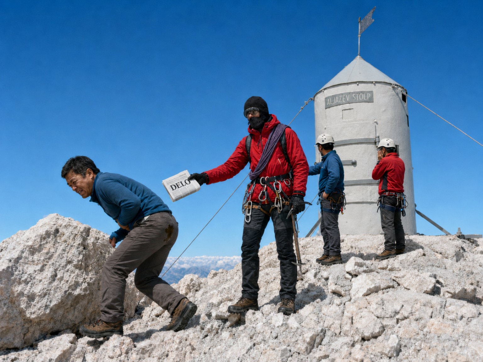 Humoristična rekonstrukcija planinara kod Aljaževog stupa na Triglavu